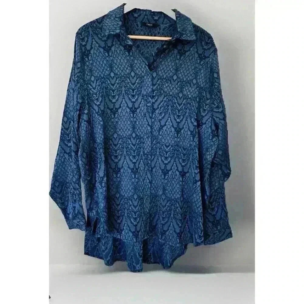 NEXT Teal Blue Patterned Satin Oversized Shirt Size 14 UK Size 10 US